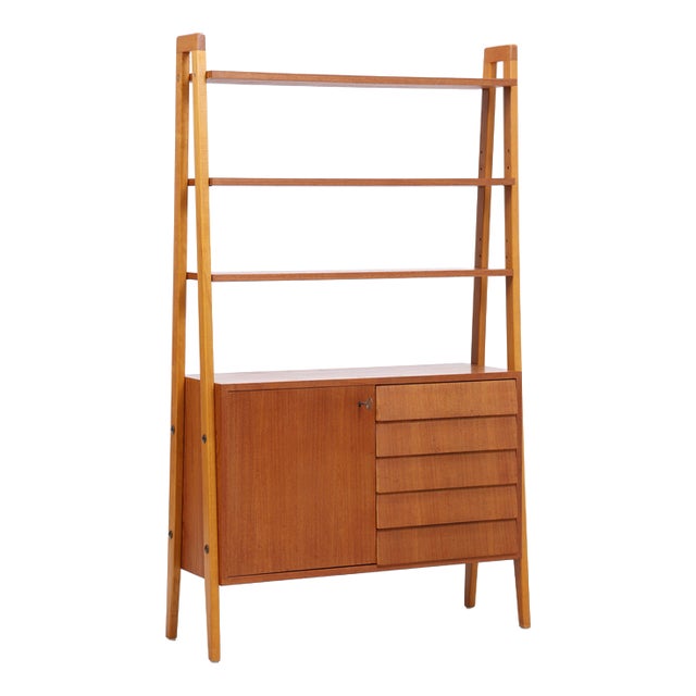 Mid-Century Teak Bookshelf with 5 Drawers and Door For Sale