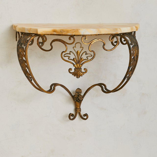 Metal Petite French Brass + Marble Wall-Mounted Console, 1940s - 2 Available For Sale - Image 7 of 10