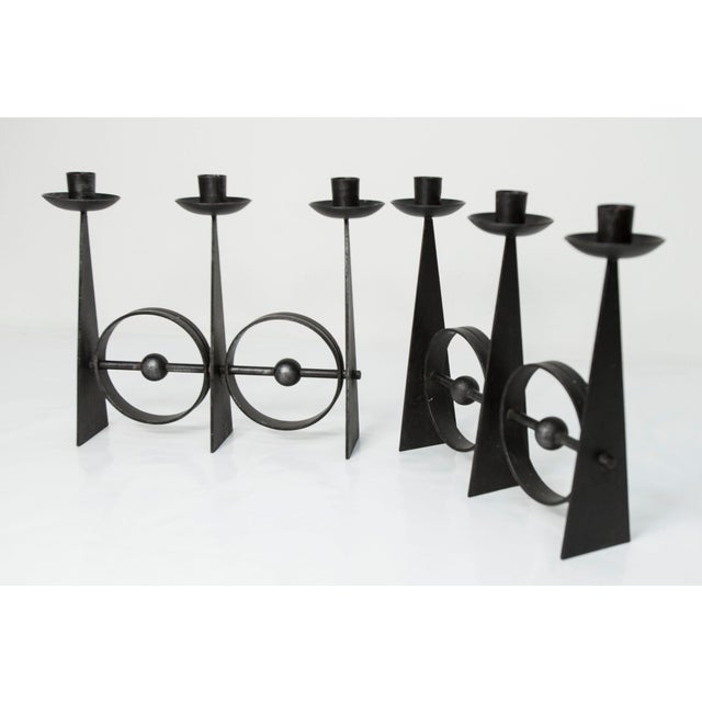 Metal Scandinavian Brutalist Wrought Iron 3-Light Candleholders, 1960s, Set of 2 For Sale - Image 7 of 9