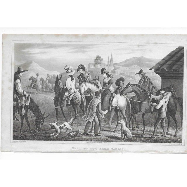1820s engraving of horses, dogs and figures saddling up to leave Tarija.