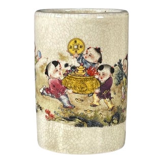 Famille Rose Crackle Glaze Porcelain Brush Pot With Figural Motif For Sale