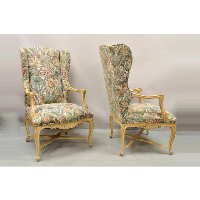 Mid 20th Century French Country Provincial Louis XV Style Upholstered Wingback Lounge Chairs Pair For Sale - Image 4 of 11