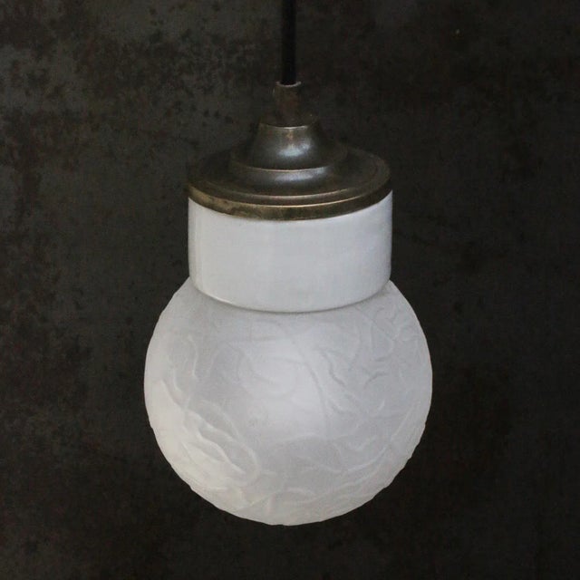 Vintage Industrial White Porcelain Clear Glass Brass Pendant Lights For Sale - Image 6 of 9