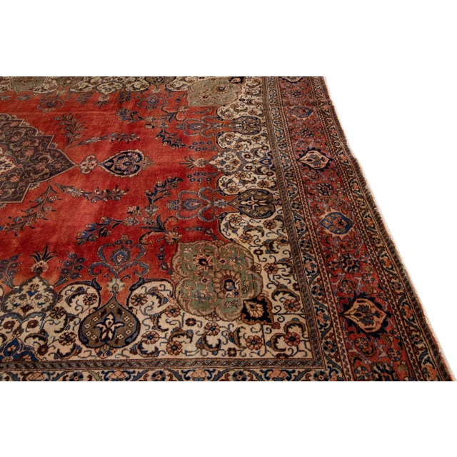19th Century Antique Mahal Red Handmade Rosette Motif Persian Wool Rug For Sale In New York - Image 6 of 8