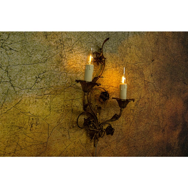 Hollywood Regency Gilt Metal Botanical Two-Light Wall Sconce, 1950s For Sale - Image 6 of 18