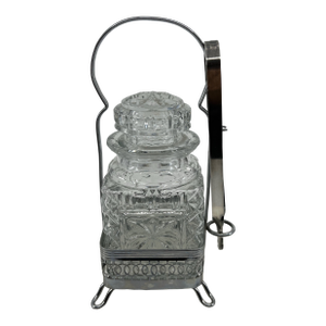Vintage Sheffield Silver-Plated Pickle Caster/Caddy - Pierced Basket & Waffle Glass Jar Set With Tongs