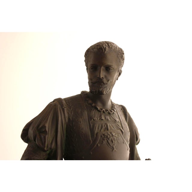 Metal Antique Large Spelter Sculpture of Renaissance Nobleman, French 19th Century For Sale - Image 7 of 15