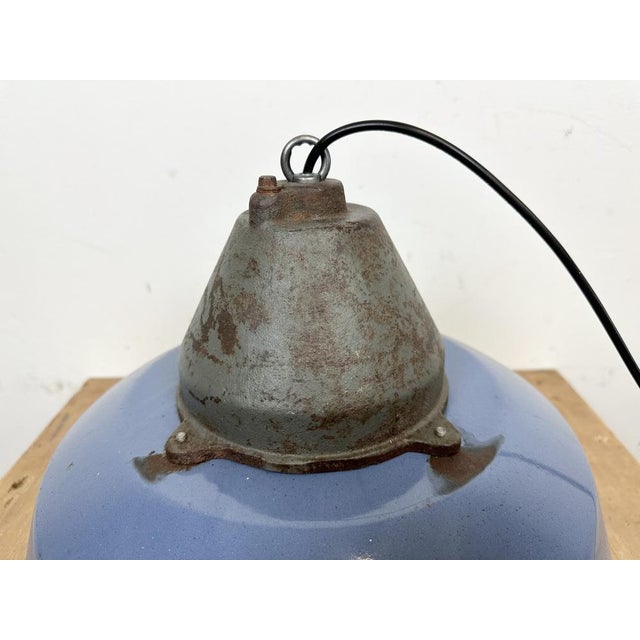 Industrial Blue Enamel and Cast Iron Pendant Light, 1960s For Sale - Image 10 of 16