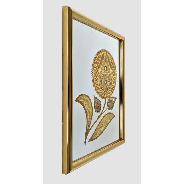 Vintage Gloria Eriksen Wall Mirror With Etched Golden Floral Pattern 1970's For Sale - Image 4 of 12