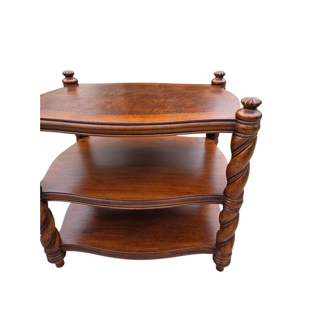 1990s Thomasville British Gentry End Table Burlwood Top End Table 3 Tier Barley Twist For Sale In Philadelphia - Image 6 of 11