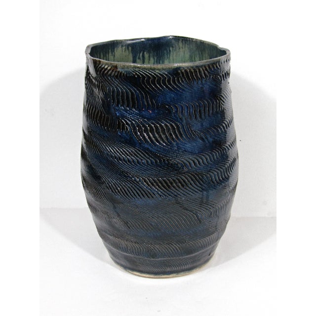 Contemporary Organic Modern Blue Textured Studio Pottery Vase For Sale - Image 3 of 9