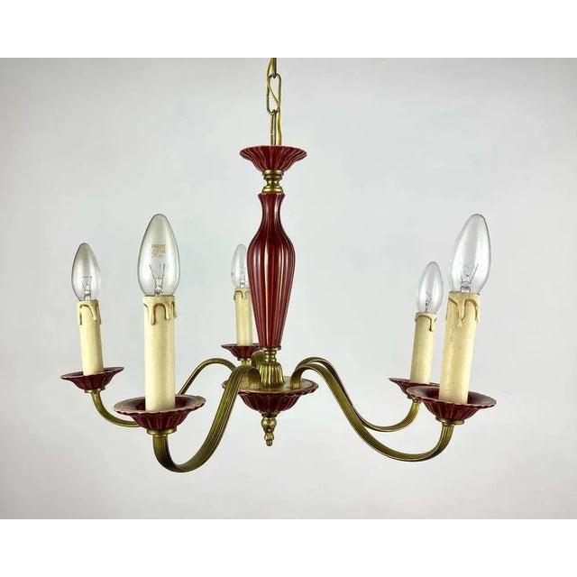 Metal Gilded Brass and Burgundy Ceramics Chandelier For Sale - Image 7 of 7