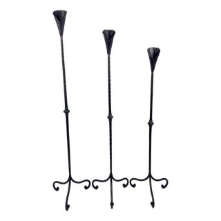 Hand Forged Iron Candelabra Set of 3 (100-120cm) Antique Copper Finish Hammered Stem with Calla Lily Cups For Sale