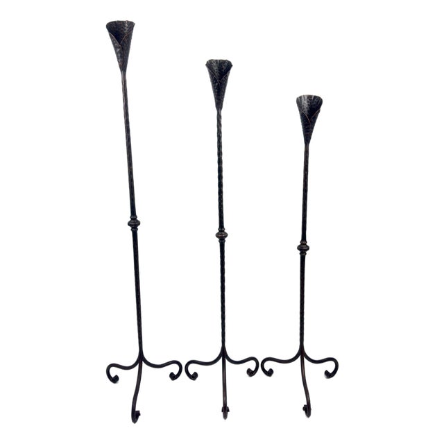 Hand Forged Iron Candelabra Set of 3 (100-120cm) Antique Copper Finish Hammered Stem with Calla Lily Cups For Sale