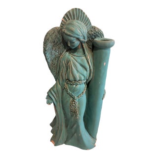 Vintage Terracotta Angel Candle Holder Sculpture With Verdigris Patina For Sale