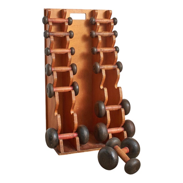 Antique French Wood and Cast Iron Dumbbell Exercise Weight Set, 1950s, Set of 17 For Sale