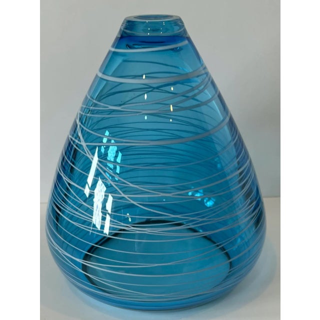 Blue Art Glass Vase Blue With White Swirls For Sale - Image 8 of 13