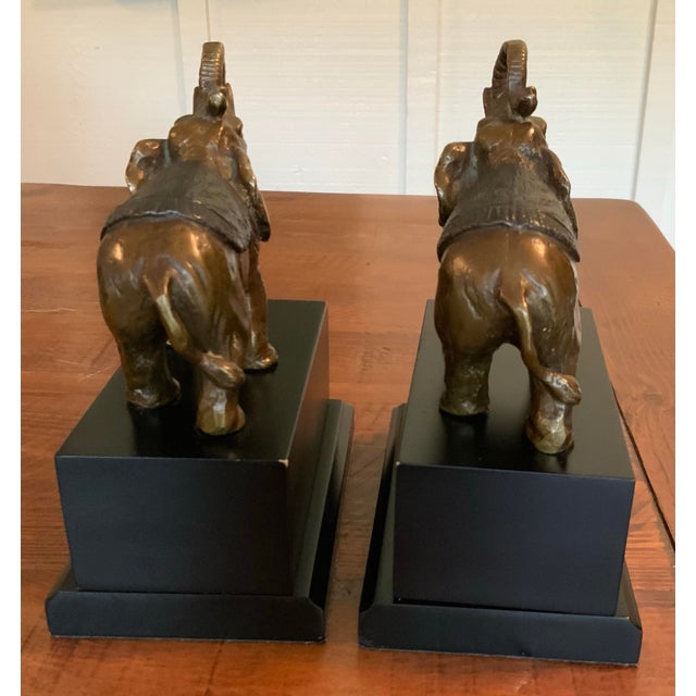Pair Bronze Elephant (Trunk Up) Bookends on Black Base for Palm Beach Regency, Ralph Lauren Style & More - See Inspiration Photos! For Sale In New Orleans - Image 6 of 9