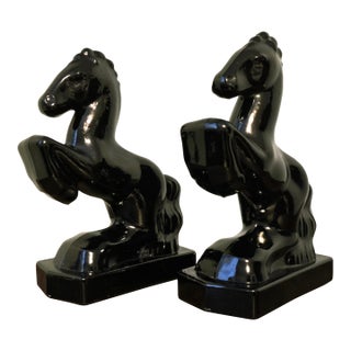 l.e.. Smith Black Amethyst Glass Rearing Horse Figurines – Mid 20th Century Pair For Sale