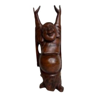 1960s Large Carved Wood Happy Buddha For Sale