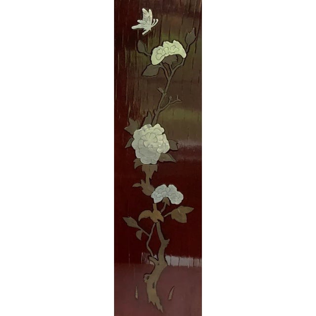 Oxblood Red Vintage 1940’s Asian Lacquered Red Mahogany Art Panels With Brass and Tin Flowers and Butterflies Inlay - Set of 2 For Sale - Image 8 of 12