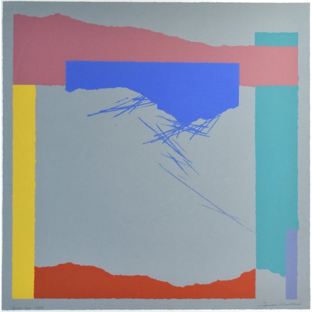 Sleek Modernist large screenprint of an abstract composition in bright primary colors. Signed illegibly lower right,...