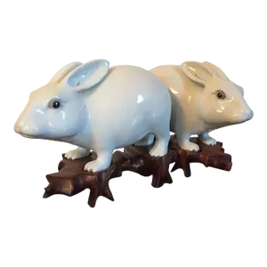 19th Century Chinese Monochrome Blanc de Chine White Porcelain Rabbits - A Pair