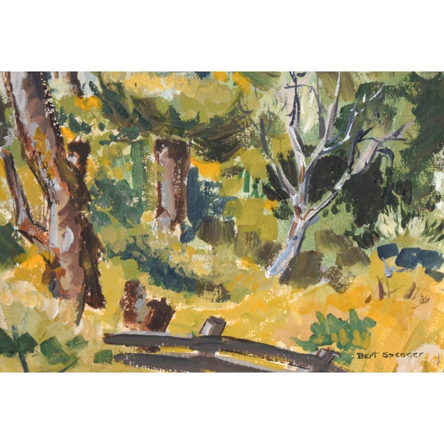 Mid 20th Century Mid Century Modern Vertical Landscape With Fence in Acrylic on Paper by Bertram Spencer For Sale - Image 5 of 6