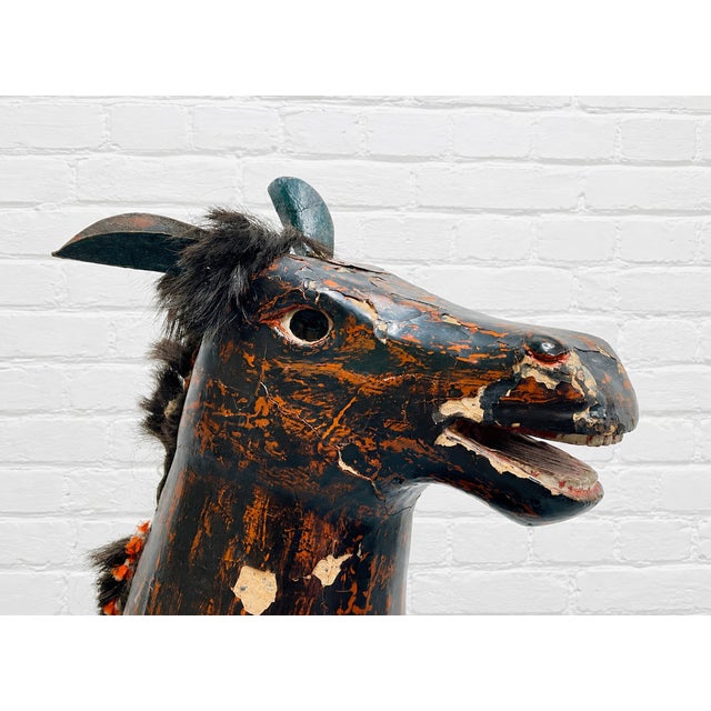Brown Antique European Hand Carved Wooden Horse Folk Art Sculpture on Wheeled Base For Sale - Image 8 of 16