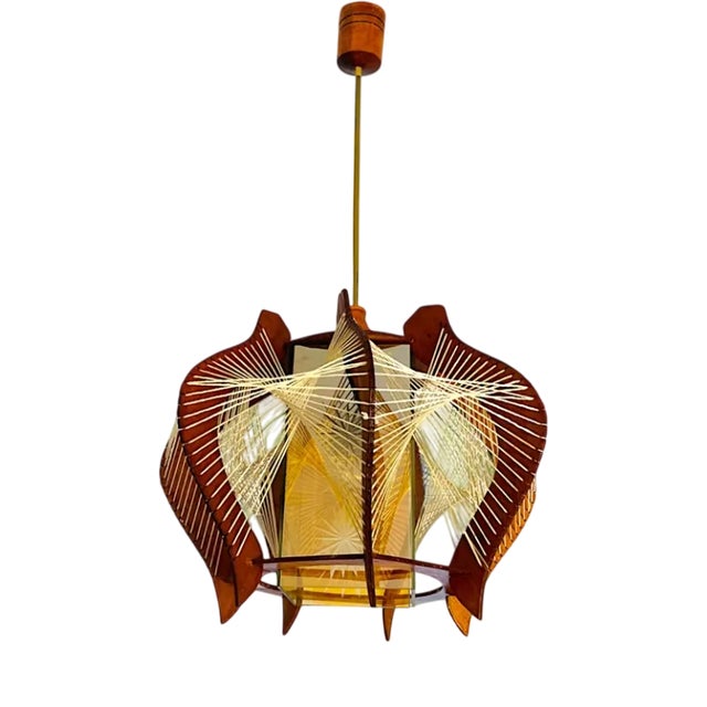 Mid-Century Modern Wood and Glass Hanging Lamp, 1960s For Sale