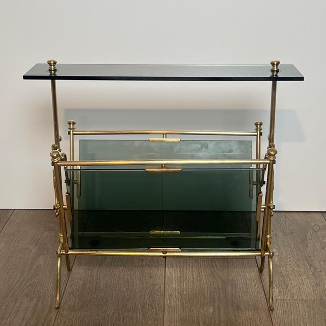 1940s 1940s Brass magazine rack with blue glass For Sale - Image 5 of 12
