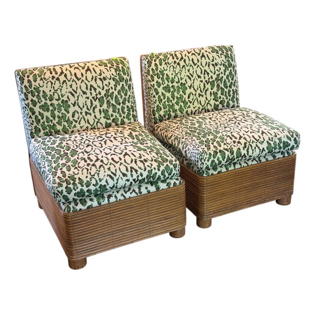 Pair of MCM Pencil Reed Rattan & Green Rose Cumming Leopard Slipper Chairs For Sale