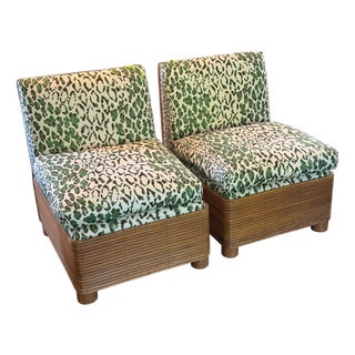 Pair of Mid Century Modern Pencil Reed Rattan & Green Rose Cumming Leopard Slipper Chairs For Sale