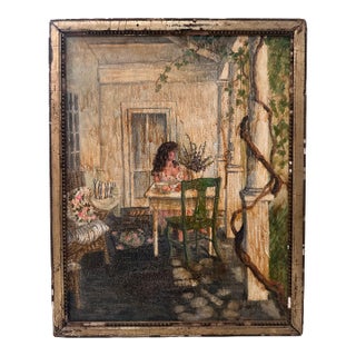 1960s Woman Sitting on Porch - Signed Unknown Artist For Sale