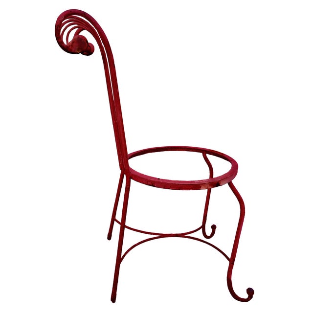 1950s 50s Mathieu Matégot Style Red Scroll Back Wrought Iron French Outdoor Patio Chair For Sale - Image 5 of 7