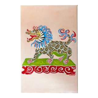 Staffordshire Lion Dragon Art Original Paint by Tatiana Duperault: Chinoiserie Asian Decor For Sale