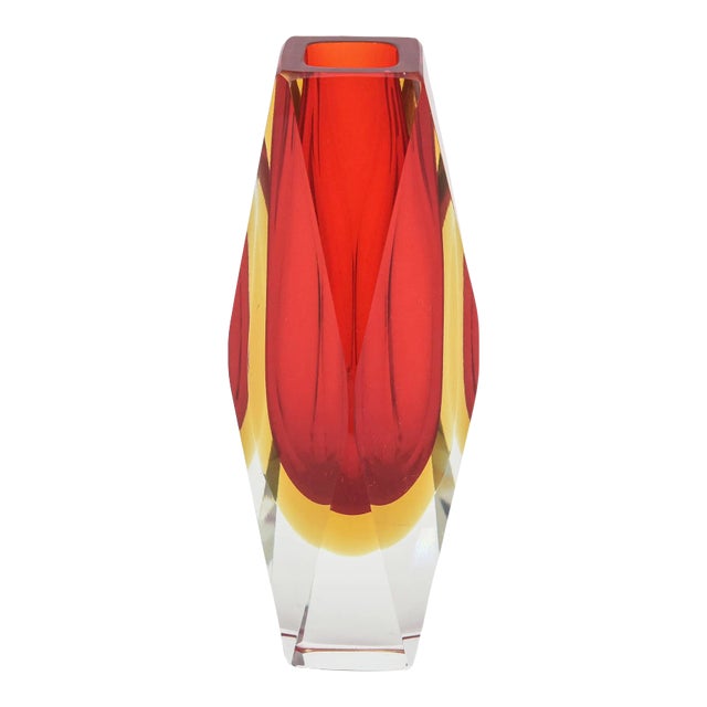 Vintage Murano Alessandro Mandruzzato Faceted Red, Yellow Sommerso Glass Vase For Sale