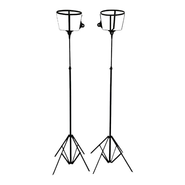 Mid-Century Adjustable, Wrought Iron Tripod Plant Stands, Indoor/Outdoor, Pair For Sale