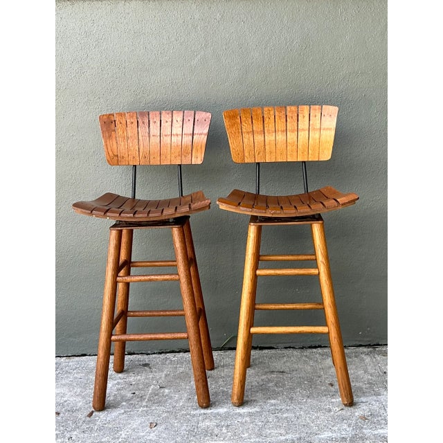 MCM Slat Back Bar Stools After Arthur Umanoff - Pair For Sale In West Palm - Image 6 of 12