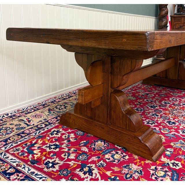 Antique French Country Farm Dining Table Farmhouse Trestle Base Honey Oak For Sale - Image 15 of 17