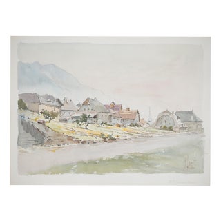 René Leverd, Switzerland, The village of Saint-Gingolph, Watercolor For Sale