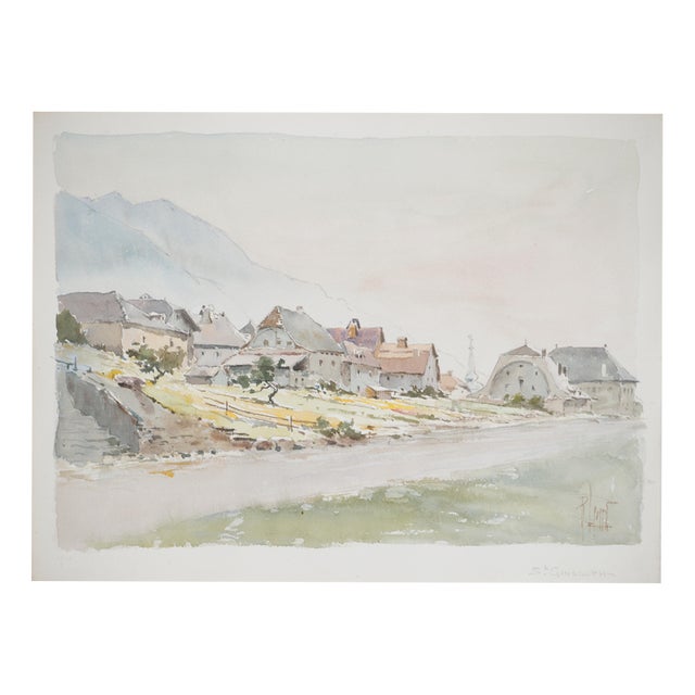 René Leverd, Switzerland, The village of Saint-Gingolph, Watercolor For Sale