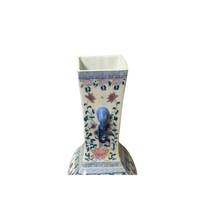 Ceramic Vintage Oriental Porcelain White Blue Pink Color Flower Bats Graphic Art Vase For Sale - Image 7 of 10