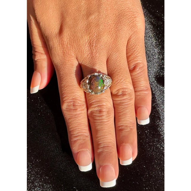 Certified Natural 2.75Cts VS F Diamond Black Opal 18K Solid Gold Bombay Dome Ring, size 6.5 For Sale - Image 11 of 12