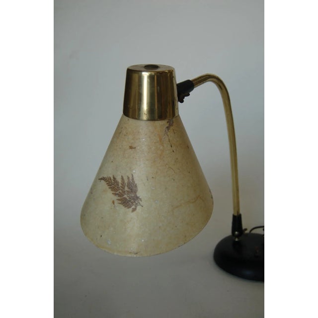 Mid-Century Modern Double Gooseneck Brass Desk Table Lamp W/ Pressed Floral Fiberglass For Sale - Image 3 of 9