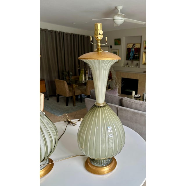 Glass Pair of Large Murano Olive Grey Cased Glass Table Lamps For Sale - Image 7 of 17