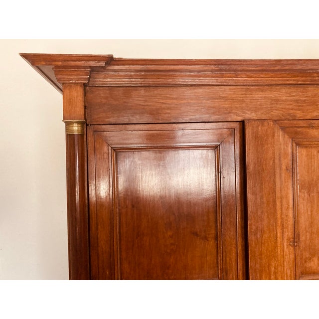 Antique French Empire Armoire Walnut, Columns to Either Side Front With Bronze Gilt Mounts Also Gilt Bronze Key Hole For Sale - Image 11 of 12