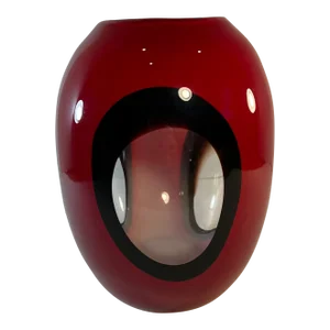 Art Glass Red Vase With Clear Circles Wth Black Border