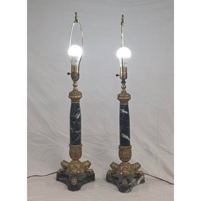 Vintage French Empire Neoclassical Style Marble and Gilt Bronze Table Lamps - a Pair For Sale - Image 10 of 14