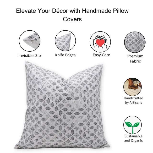 Fabdivine Handcrafted Block Print Cushion Cover 18x18 Inch Thick Cotton White-Chingari For Sale - Image 4 of 4